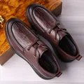 Dark brown men's leather business casual shoes with thick sole and engraved pattern - 38 / Lace-up Shoes / Brown