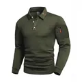 Polo da uomo a maniche lunghe verde oliva con trama a nido d'ape e tasca con zip - Verde militare