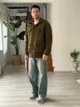 Men's olive green vintage hunting jacket with multiple utility pockets and lapel - Brown