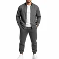 Full view of a men's grey casual tracksuit featuring a bomber jacket and joggers. - Dark Gray