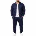 Detailed full body view of men's navy blue casual tracksuit with a baseball jacket - S / Top And Bottom / Navy Blue