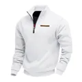 Witte heren sweater met halve rits, opstaande kraag en bruine borstdetail - S / Tops / Wit