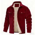 Detail showing the warm beige fleece lining of a men's burgundy corduroy casual jacket - S / Tops / Burgundy