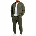 Men's olive green casual tracksuit set featuring a zip-up baseball bomber jacket and joggers. - S / Top And Bottom / Army Green