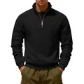 Close-up detail of men's heavy fleece half-zip stand collar sweatshirt in black color - S / Tops / Black