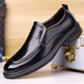 Classic black men's business leather loafers with brogue detailing and soft sole - 38 / Slip-on Shoes / Black
