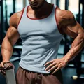 Débardeur de fitness pour hommes hautement élastique avec bordure rouge et tissu côtelé - Bleu clair