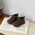 Brown leather children's winter boots with warm lining and non-slip red sole detail. - 16 / Brown