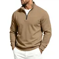 Détail d'un sweat-shirt en polaire kaki pour homme avec col montant et demi-fermeture. - Chameau