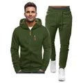 Men's olive green casual hooded tracksuit set with orange contrast zipper details. - Army Green