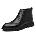 Classic black men's brogue martin boots with wingtip perforation on white background - 37 / Black