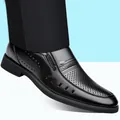 Elegant men's black business leather dress shoes featuring a breathable hollow-out design - 35 / Black Hollow Style