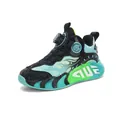 Boys and girls anti-slip rotary button sneakers in cyan and black flame design. - 31 / Black Green