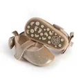 Detail of gold glitter baby girl pre-walker shoes with anti-slip soles and bow. - 11cm / Gold