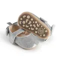 Glittery silver baby girl pre-walker shoes with non-slip sole and cute bow detail. - 11cm / Silver