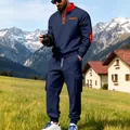 Men's navy blue outdoor cargo sweatshirt and pants set in a scenic mountain view. - S / Top And Bottom / Navy Blue