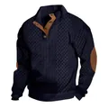 Detailed view of navy knit sweater with vintage brown elbow patches and stand collar. - S / Tops / Navy Blue