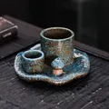 Artistic blue speckled ceramic Palo Santo burner and mushroom incense holder gift set - Blue-Brown Speckled