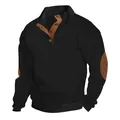 Macro view of men's vintage heavy textured knit sweater with contrast elbow patches - S / Tops / Black