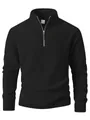Close-up of men's black polar fleece sweatshirt with silver half-zipper and stand collar. - S / Tops / Black