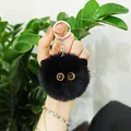 Cute black furry cat head plush keychain charm for bags and car keys, soft stuffed gift - Black