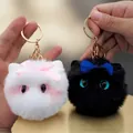 Cute plush cat head keychain charm set in white and black for lady bags and gifts - Mixed Styles (With Bowknot)