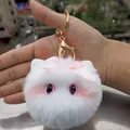 Adorable white plush cat head keychain with a pink bow and big pink eyes charm SKU - White Cat with Bowknot (Light Purple Eyes)