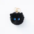 Adorable black plush cat head keychain with blue eyes and golden metal lobster clasp - Black Cat (Blue and White Eyes)