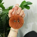 Cute fluffy brown plush cat head keychain with large cartoon eyes for bag decoration - Khaki