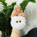 Adorable white fluffy plush cat head keychain pendant for bags or car keys gift decoration - White