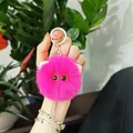 Cute hot pink fluffy cat head plush keychain with big eyes for girls' bag charms - Rose Red