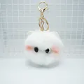 Cute white plush cat head keychain charm with pink cheeks and a gold metal ring - White Cat (Black and White Eyes)