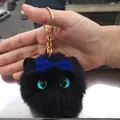 Cute black plush cat head keychain with a blue bow charm for bags and car keys, fluffy gift - Black Cat [With Bowknot]