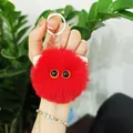 Cute red fluffy plush cat head keychain with big eyes for bag charm - Red