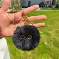 Cute black plush cat head keychain fluffy bag charm accessory for girls and gifts - Black Cat (Amber and Black Eyes) - Round