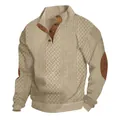 Schwerer Vintage-Strickpullover für Herren mit Kontrast-Ellbogenflicken und Stehkragen. - Khaki