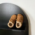 Close-up detail of brown suede fleece-lined shoes for girls with a stylish bow decoration. - Size 29 (Inner Length 18.5cm fits foot 17.5-18cm) / Dusty Pink