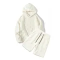 Detailed texture of men's cream fleece hoodie and shorts set with embossed block pattern - S / Top And Bottom / White
