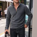 High-quality men's thick polar fleece half-zip stand collar sweatshirt in dark grey color - S / Tops / Gray