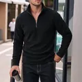 Men's premium solid black half-zip polar fleece sweatshirt with thick standing collar - S / Tops / Black