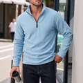 Men's light blue thickened polar fleece half-zip sweatshirt with stand collar design - S / Tops / Light Blue