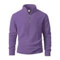 Detail van paars heren fleece sweatshirt met opstaande kraag en halve rits - Paars