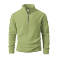 Men's solid olive green fleece sweatshirt featuring a half-zipper and stand collar - S / Tops / Light Green