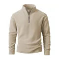 Detail shot of a men's solid beige polar fleece sweatshirt with a half-zip stand collar - S / Tops / Khaki