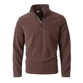 Detail view of a men's solid brown quarter-zip fleece pullover with a stand collar - S / Tops / Coffee