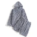 Men's cozy grey plush two-piece set featuring a checkered texture hoodie and shorts - S / Top And Bottom / Gray