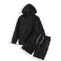 Cozy men's black fuzzy checkered two-piece lounge set with a hoodie and shorts - S / Top And Bottom / Black