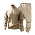 Close-up of men's beige heavyweight cable knit turtleneck sweater and jogger set - S / Top And Bottom / Khaki