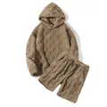 Men's tan checkered fleece loungewear set featuring hoodie and matching shorts - S / Top And Bottom / Caramel color