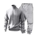Men's heavy cable knit jacquard tracksuit set with turtleneck sweater and joggers - S / Top And Bottom / Light Gray